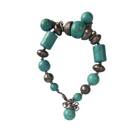 Faux Turquoise & Antique Silver Charm Beaded Bracelet W/Adjustable Chain Clasp - Picture 3 of 5